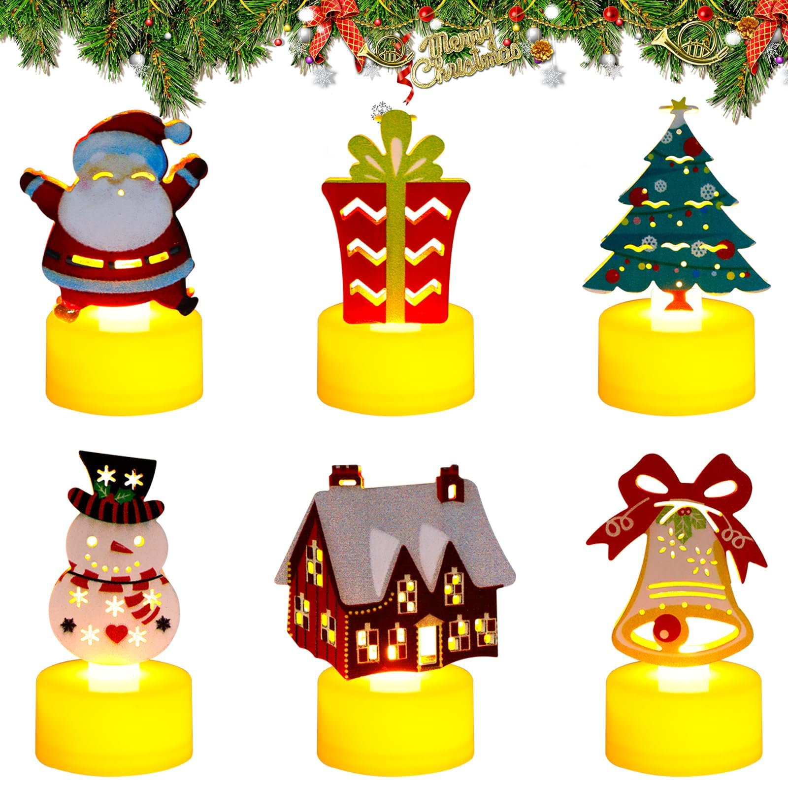 TaimeiMao Velas LED navideñas, paquete de 6 luces nocturnas con elementos navideños, luces decorativas navideñas, velas sin llama con pilas para decoraciones navideñas, decoraciones de mesa