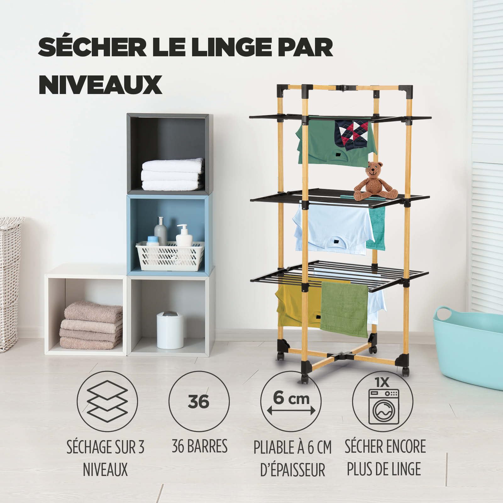 VITAPUR Séchoir à Linge Pliable - Séchage à Plusieurs Niveaux - 69 x 136 x 69 cm - Jusqu'à 20 kg de Linge - Idéal pour Les Petits Appartements - Roues Stables