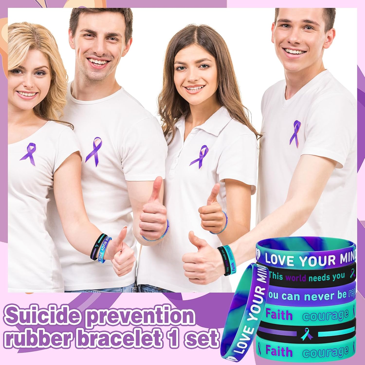 100 Pcs Suicide Prevention Awareness Silicone Wristband Bulk Purple Teal Ribbon Bracelet Motivational Bracelet for Suicide Prevention Awareness Inspirational Favor Charity Campaign Supplies