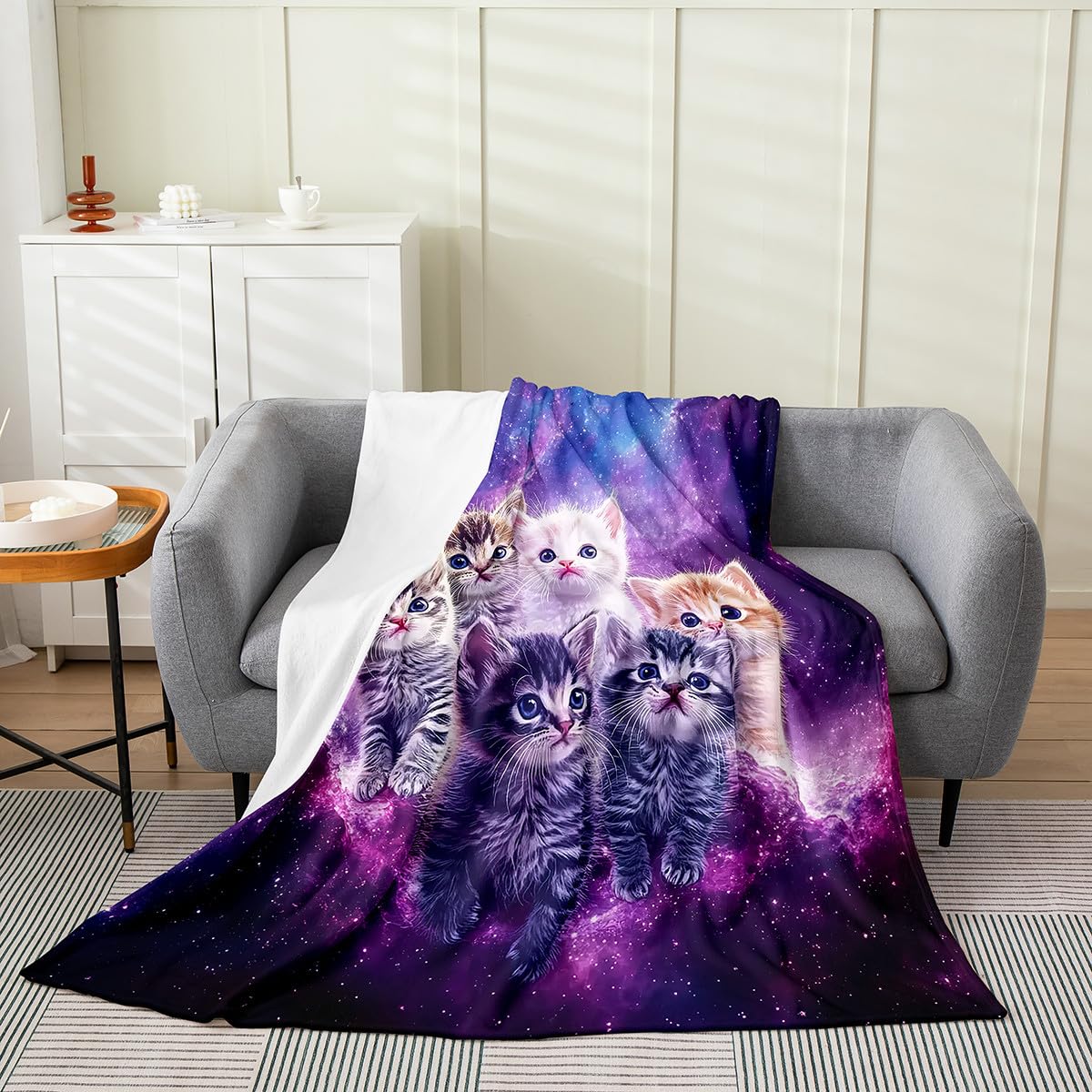 Feelyou Pet Cats Fleece Throw Blanket,All Season Cat Purple Galaxy Bed Blanket Cute Kitten Print Fuzzy Blanket for Bed Sofa Couch,Bedroom Decor Plush