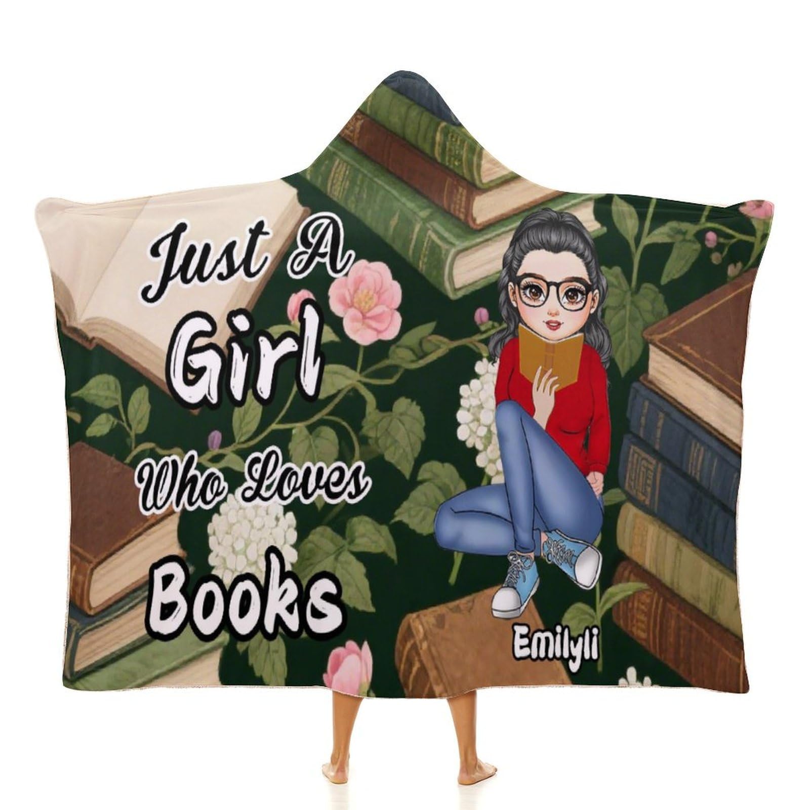 MYZQIFF Custom Name Just A Girl Who Loves Book Reading Throw Blanket, Personalized My Reading Book Wearable Hooded Blanket, Books Lovers Gifts for Read Bookish, Bookworm Literary Gift