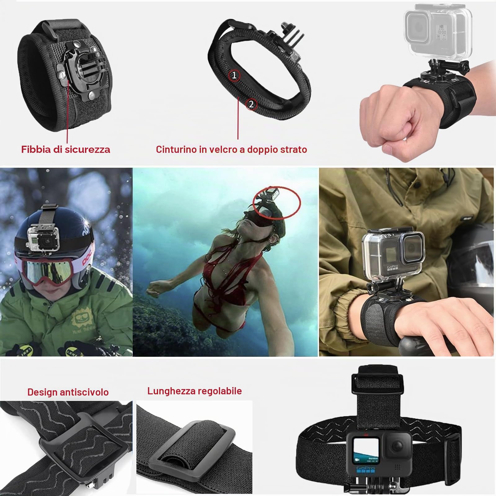Kit di accessori per Gopro Hero 13 12 11 10 9, custodia impermeabile maniglia galleggiante cintura da polso testa torace morsetto per fotocamera diving filtro inserti antiappannamento