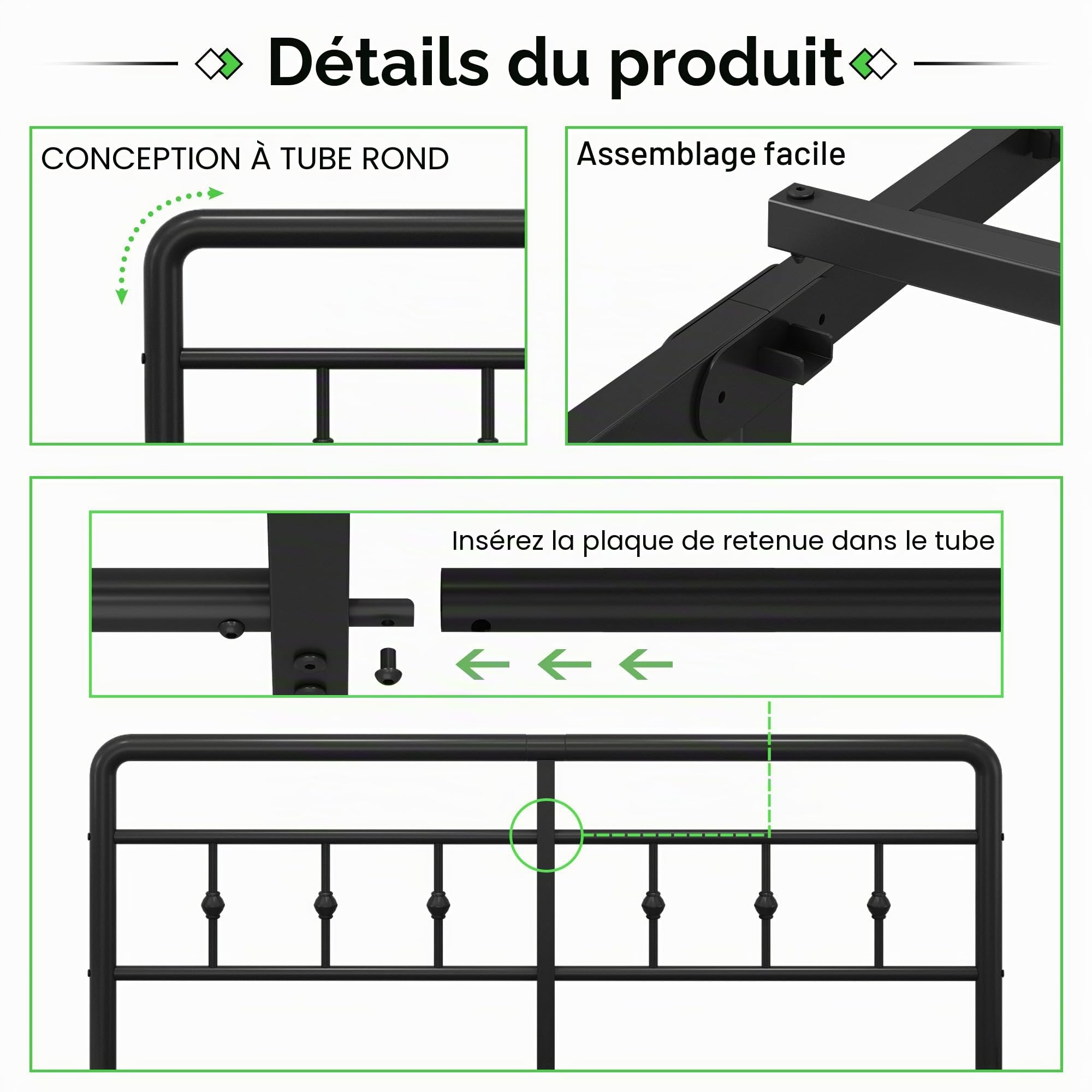 EMODA Cadre de Lit en Métal 140 x 200 cm avec Tête de Lit, Cadre de Noir Robuste de 46 cm de Haut avec Support en Lattes d’Acier, Montage Facile, Silencieux