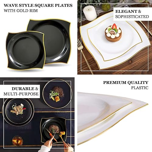 Miniatura 4 de Efavormart - Paquete de 10 platos llanos cuadrados de plástico duro con borde ondulado blancodorado de 8 pulgadas, platos desechables para fiestas