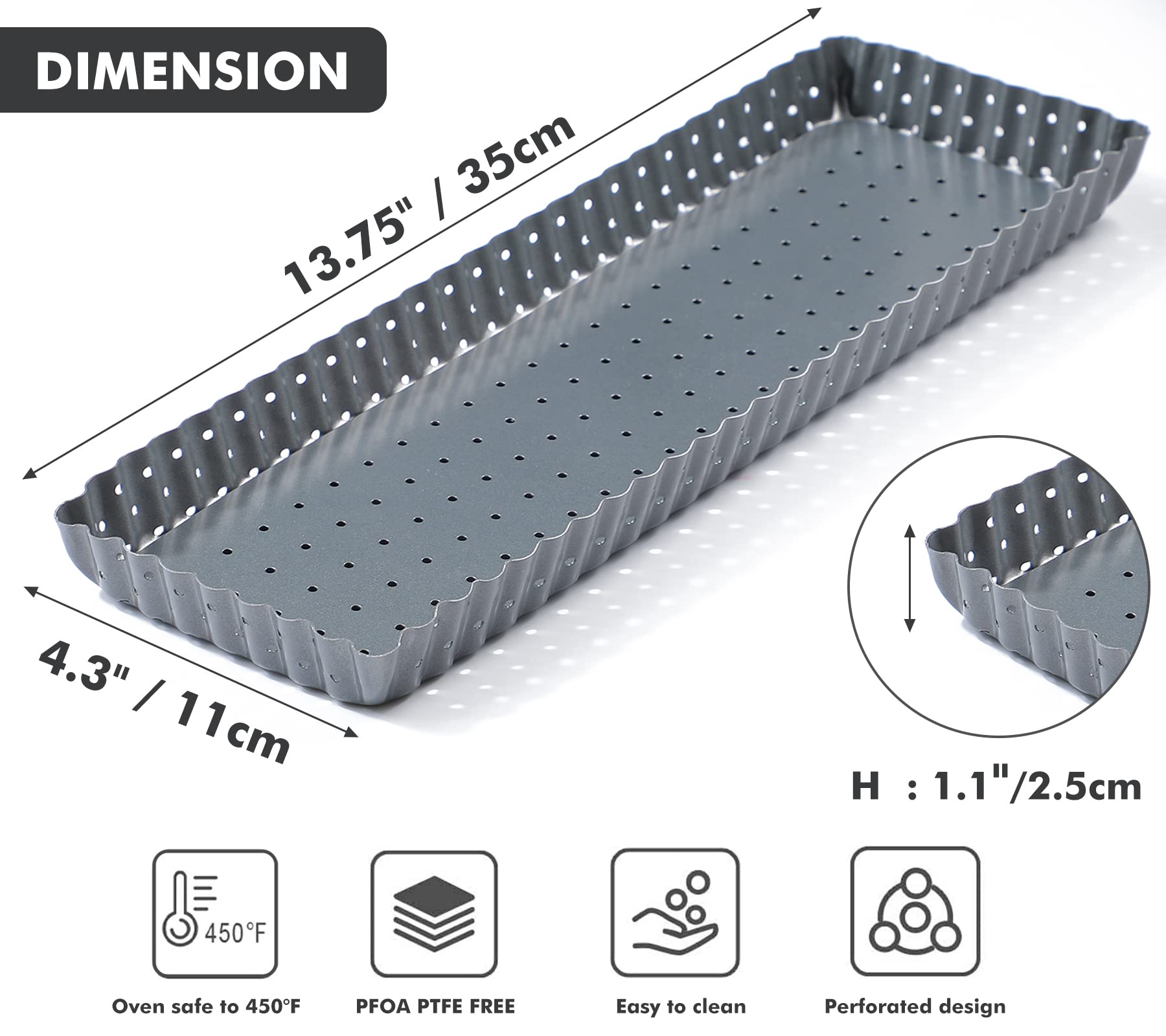 webake Teglia rettangolare per quiche con base staccata, forata, 36 x 11 x 2,5 cm, rivestimento antiaderente