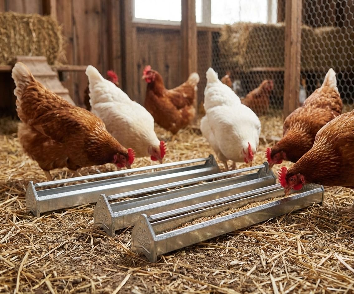 Suinga Set di 4 Mangiatoie in Metallo per Galline | Griglia 100x10x13 cm | Sistema Anti-Posatoio | Anti-Spreco con Mulino Rotante | Ideale per 24 Polli