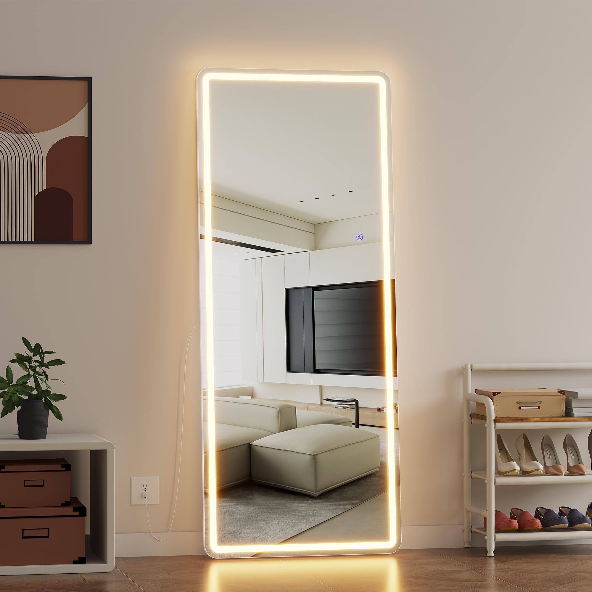 ZKIODV 178x65cm Ganzkörperspiegel mit Beleuchtung, Wandspiegel Groß mit Licht, Standspiegel mit LED 3 Farben & Dimmbar, Großer Spiegel Beleuchtet mit Ständer für Wohnzimmer Eingang Flur (Weiß XXL)