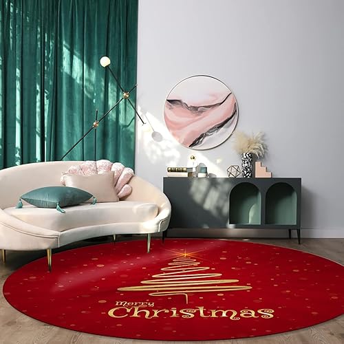 Miniatura 2 de Alfombra redonda con diseño de árbol de Navidad, 4 pies, color rojo y dorado, alfombra circular antideslizante, lavable, para niños, sala de estar,