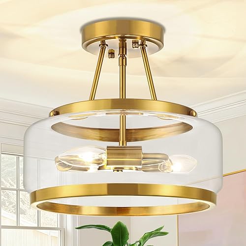 Lámpara de techo semiempotrada dorada de 11.81 pulgadas, moderna lámpara de techo de tambor de cristal, lámpara de techo de 3 luces para pasillo,