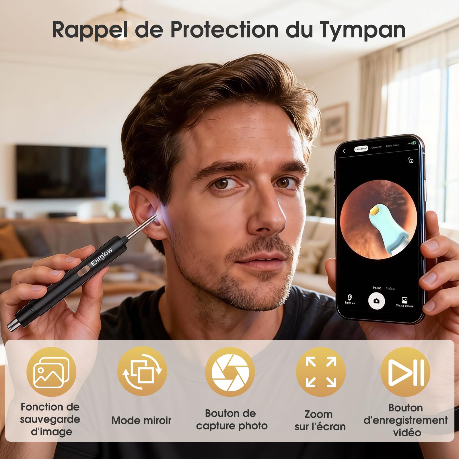 Otoscope Oreille Tondeuse Nez 2 en 1, Nettoyeur Oreille Camera 1080P HD Wifi avec Reconnaissance IA du Tympan, Kit Nettoyage Oreille Étanche IP67 pour Adultes et Enfants