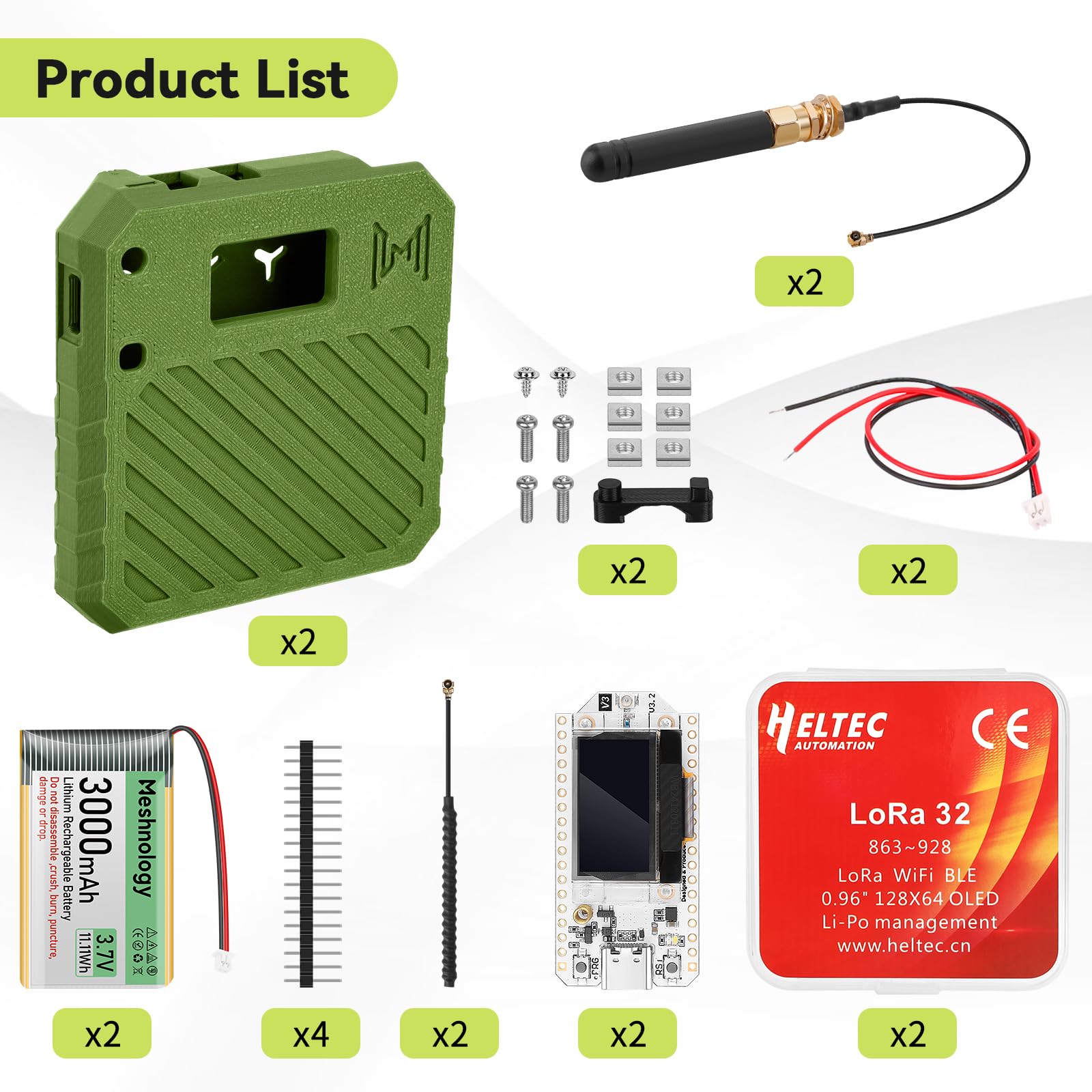 2Pack ESP32 LoRa V3 Entwicklungsboard + 3,7 V 3000 mAh Akku + Gehäuseset – mit 863-928 MHz Meshtastic Antenne und SMA Unterstützt WLAN/Bluetooth LoRa V3 Geräte für AR duino LoRawan IoT (N33,Grün)