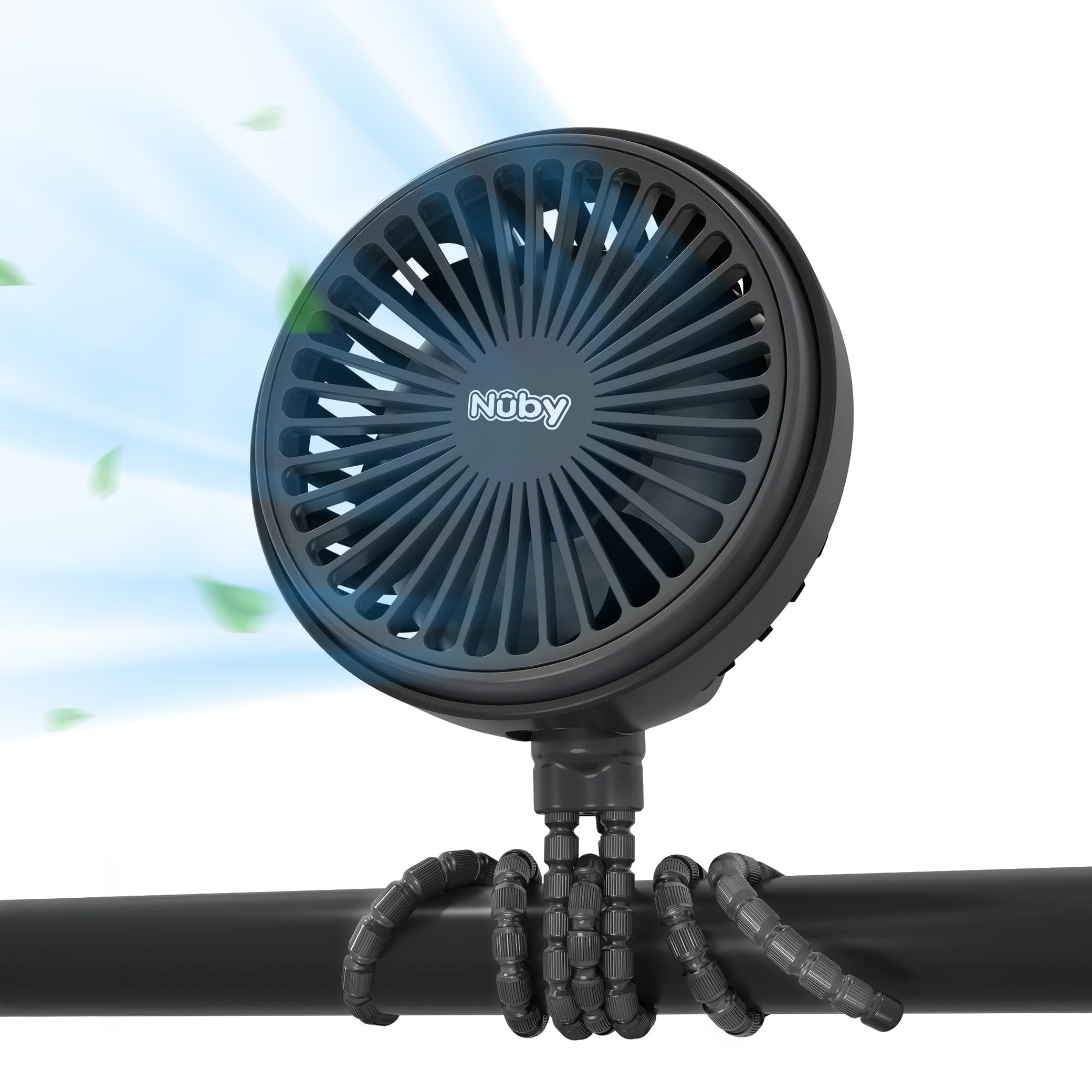 Nuby Ventilatore per passeggino, mantiene il tuo piccolo al fresco ovunque, ricaricabile tramite USB, gambe regolabili a treppiede, 3 velocità di raffreddamento, ideale per passeggini e cortili di