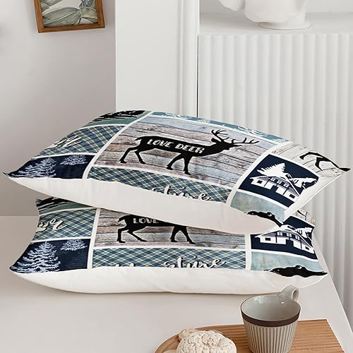 Miniatura 8 de QOOMO Juego de edredón con estampado a cuadros para niños y niñas, adolescentes, decoración de habitación de osos, alces y pinos, juego de ropa de