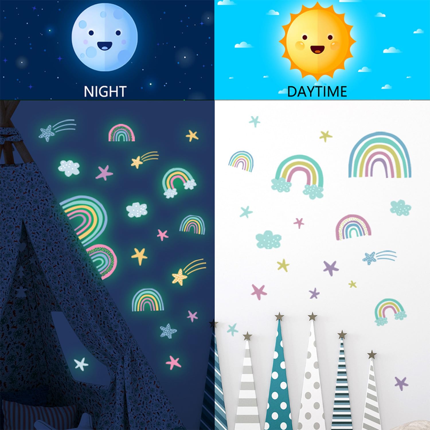 Pegatinas de Pared Arcoíris, Calcomanías de Vinilo para Pared Decorativas Dormitorio Infantiles, Arcoíris Pegatina Luminosas para Niños, Pegatinas de Pared que Brillan en la Oscuridad