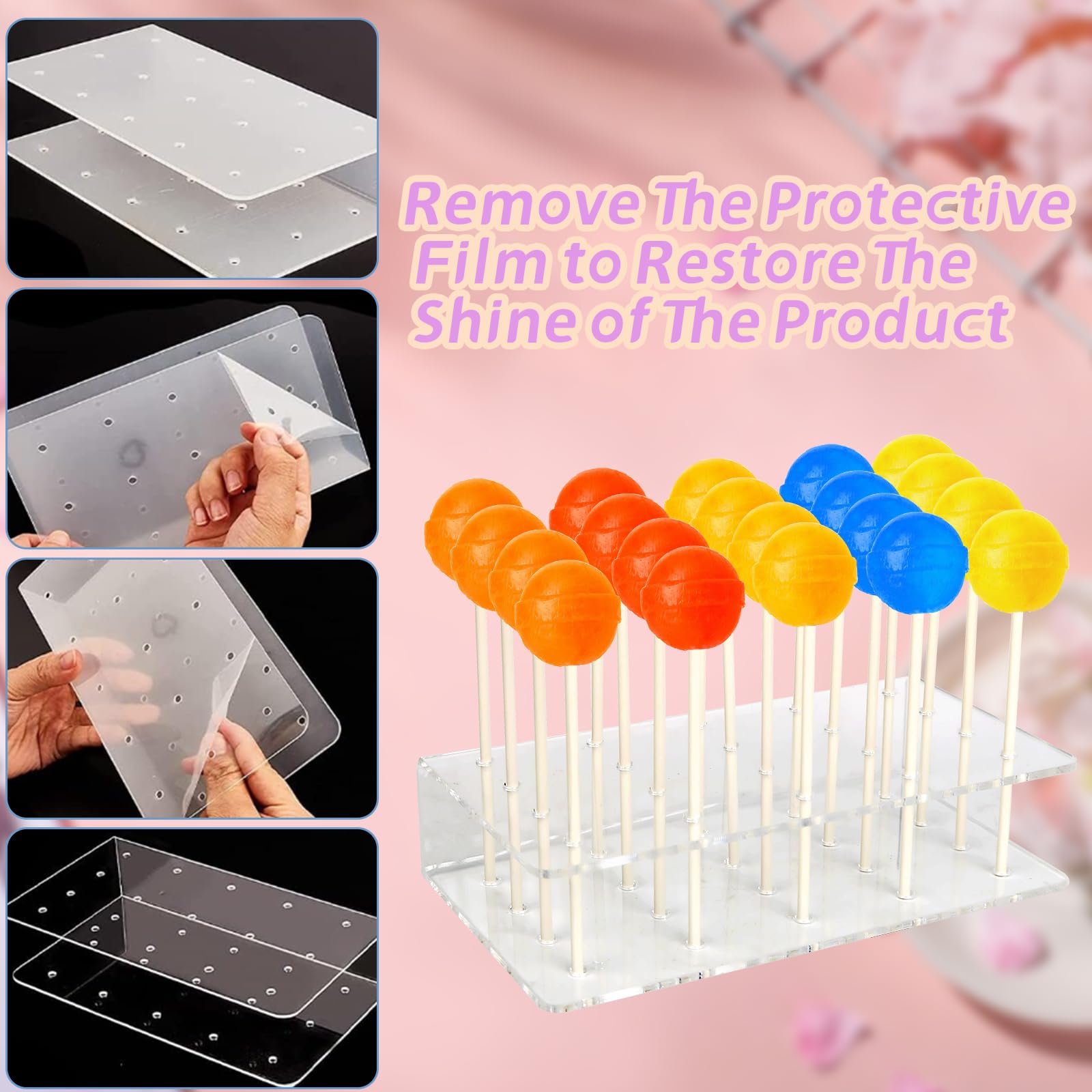 EACHPT Cake Pop standaard, 21 gaten lollipop houder met 100 stokjes cakepopstelen, 100 doorzichtige lekkernijenzakjes en gouden metalen draaibanden voor bruiloft, verjaardag, dessert, feestdecoratie