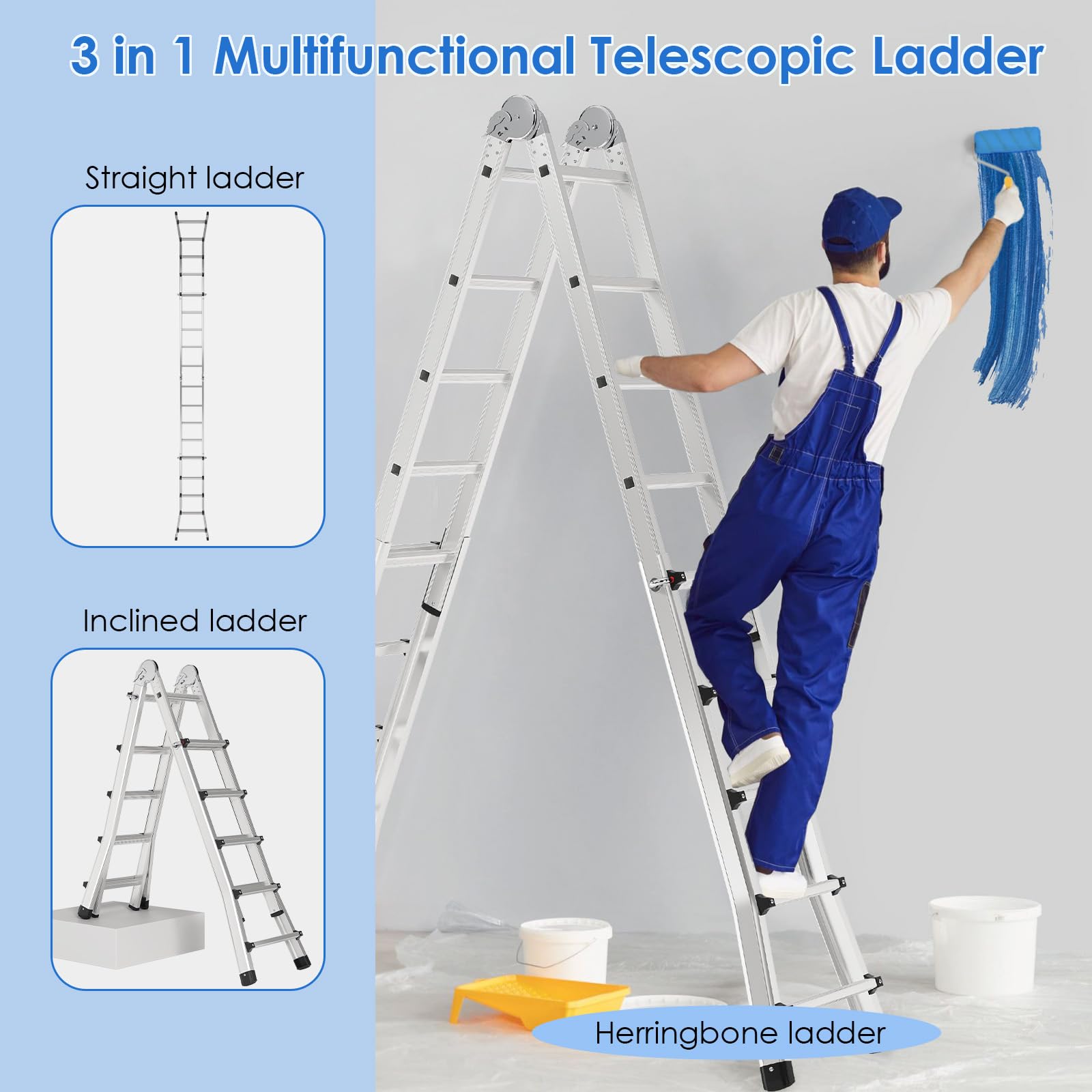 TLGREEN Escalera telescópica de Aluminio, 5 x 4 peldaños, 4.8 m, Escalera multifunción de Aluminio, Escalera articulada, Plegable, Escalera de Caballete, Multiusos, hasta 150 kg