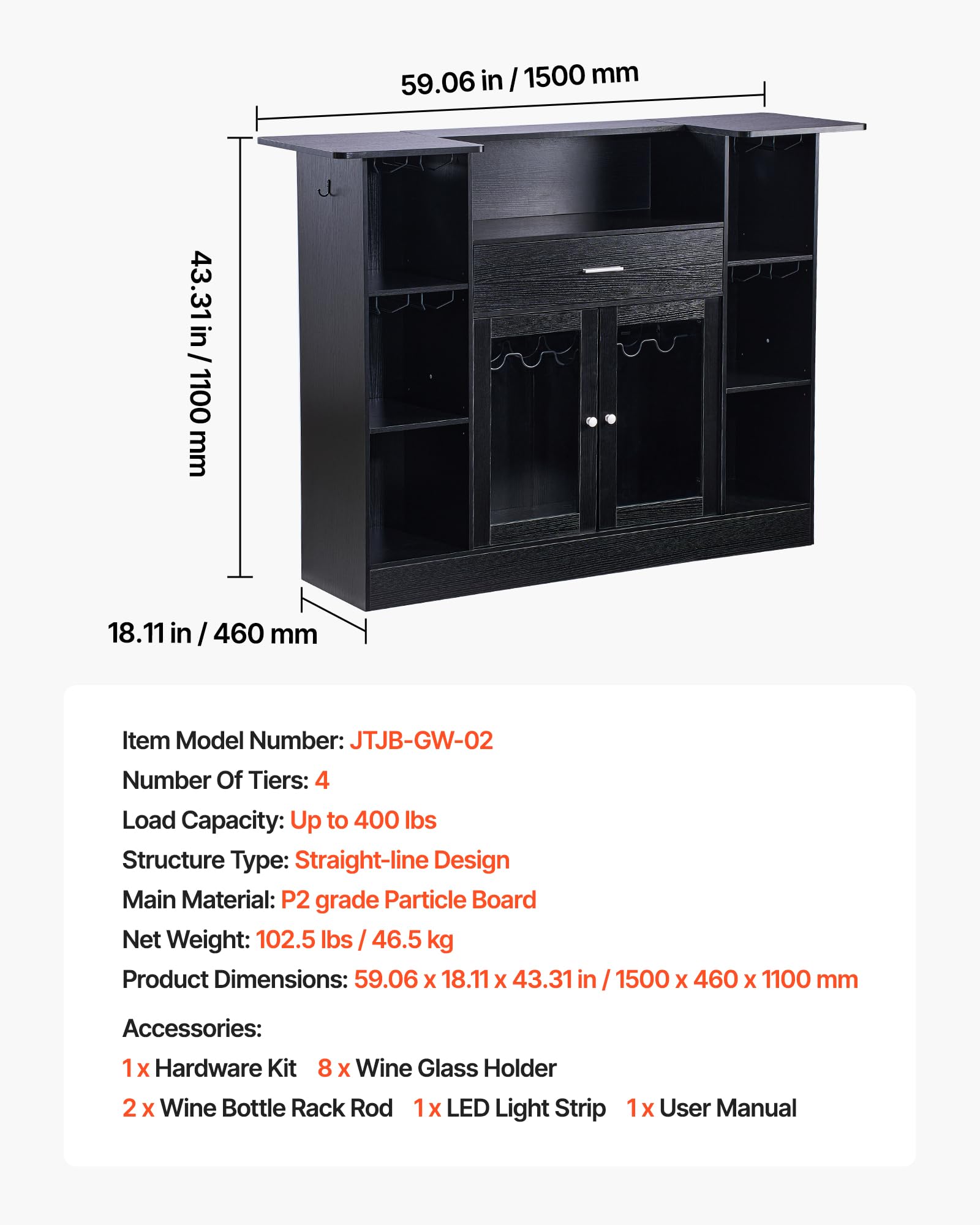 VEVOR Bancone da Bar per Casa, Mobile Tavolo da Salotto con 4 Ripiani Portabicchieri Portabottiglie, Bancone da Bar Luce LED in Legno 1500 x 460 x 1100 mm, Cucina Soggiorno Salotto Cantina, Nero