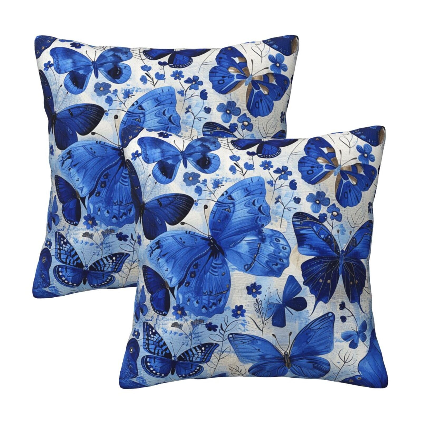 kkvhhyuo Blue Butterflies Print Pillow Covers Set of 2, Square Decorative Cushion Covers with Hidden Zipper, Throw Pillow Cases for Living Room Sofa Bed Chair, 45x45 cm