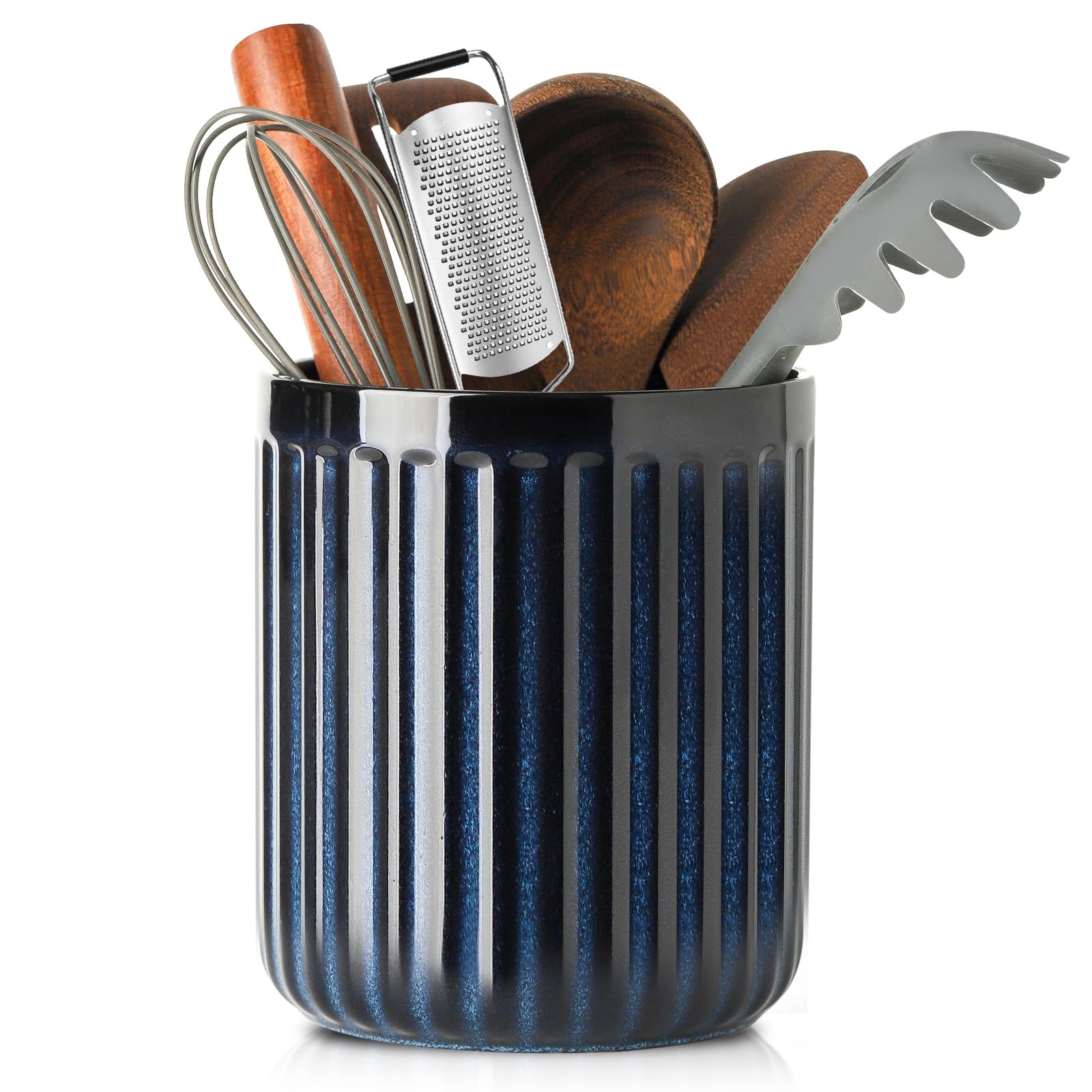 HASENSE Keramik-Utensilienhalter, 18,5 x 15,7 cm, gerippter Utensilientopf für Bauernhaus-Dekoration, Porzellan-Kochutensilienhalter für Küchenarbeitsplatte, Utensilien-Organizer für