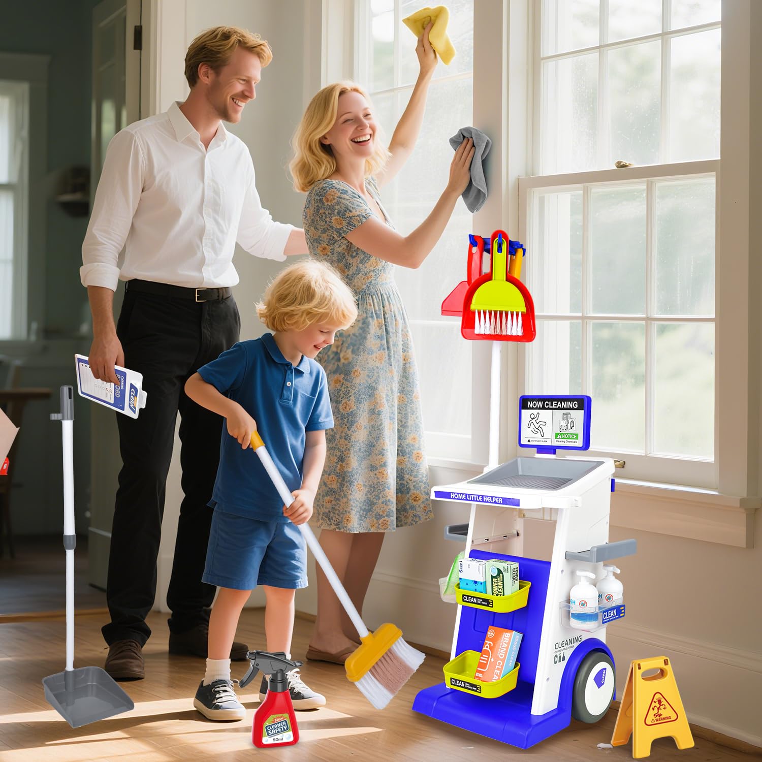 Kinder Reinigung Set, Kinderstaubsauger Mit Saug und Soundfunktion,Kehrschaufel Set Handfeger Besen und Kehrset Spielzeug,Spielzeug für die Hausreinigung für Jungen und Mädchen ab 3 Jahren (Blau)