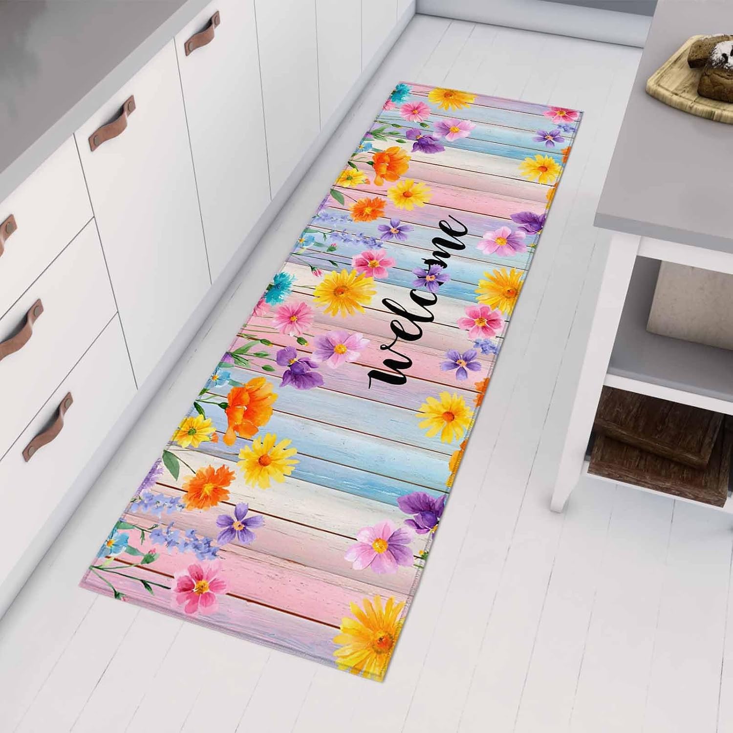 Kitchen Mats for Floor Farmhouse Blossom Flower Leaf Washable Non Slip Kitchen Rugs 1PCS, Pastoral Colorful Floral Wood Absorbent Standing Mats for Sink Bathroom Office Living Room 23.6x70.9in