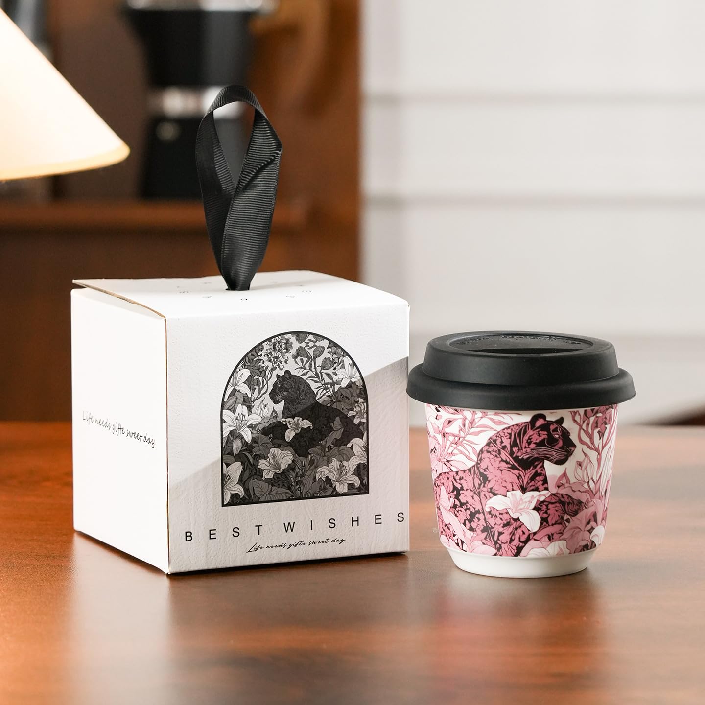 Hosoncovy 200ML Reusable Ceramic Coffee Cup with Silicone Lid,Leopard Pattern Small Travel Coffee Mug Tea Cup (Pink)