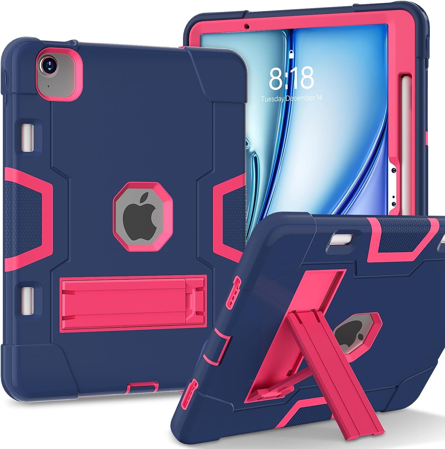 Jaorty 3 in 1 Hybrid Case for iPad Air 11 inch M4 2026 /M3 2025/ M2 2024, with Pencil Holder,Rugged Shockproof Hybrid Tablet Case with Kickstand for Kids Women Men,Blue/Rosered
