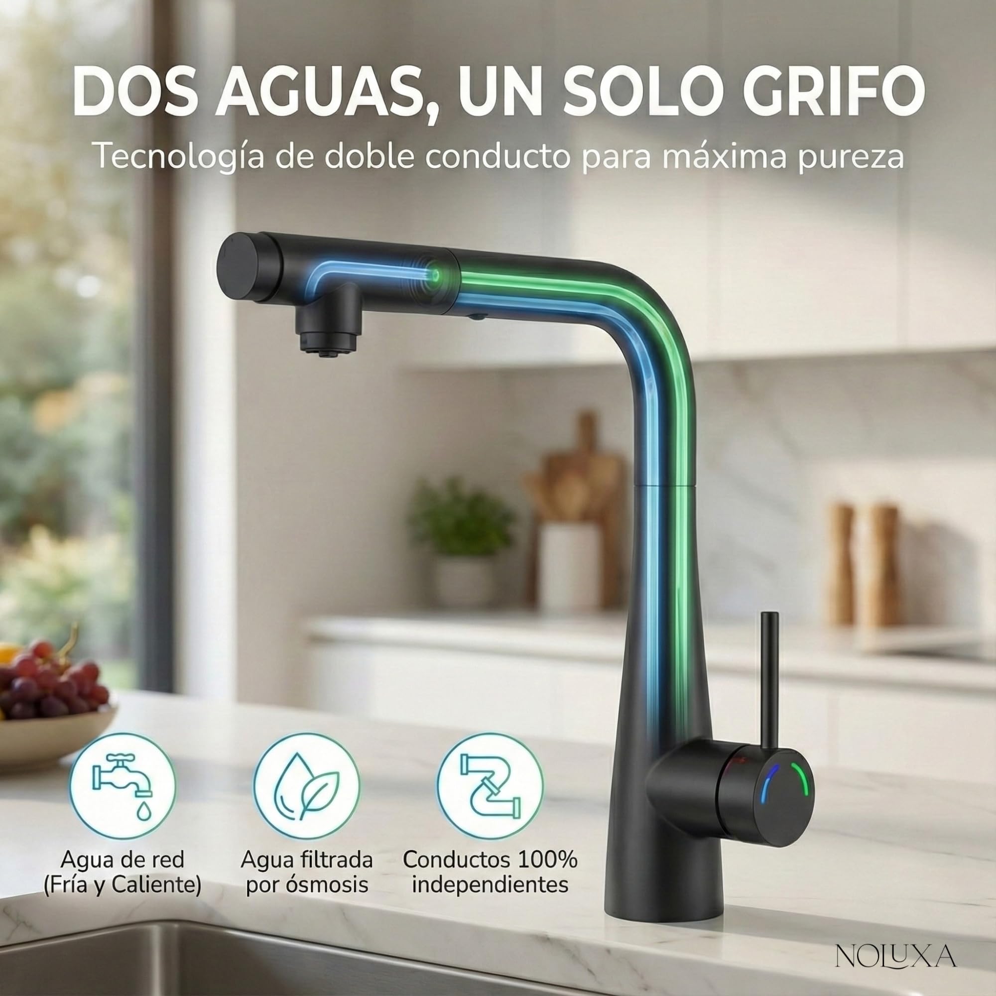 IMEX - Grifo Cocina Extraíble Negro con Osmosis Integrado | Grifo Momando Osmosis 2 Vías con Ducha Extraíble | Grifería en Latón | Serie Split | Color Negro Mate