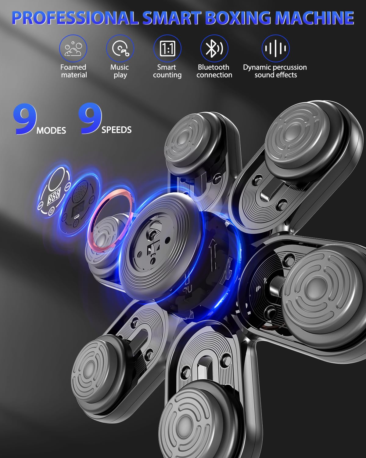 Holilo Máquina de Boxeo Musical, Maquina Boxeo Musical Pared con LED y Bluetooth, 9 Modos de Velocidad y Entrenamiento, Contador de Golpes, Guantes para Adultos y Niños