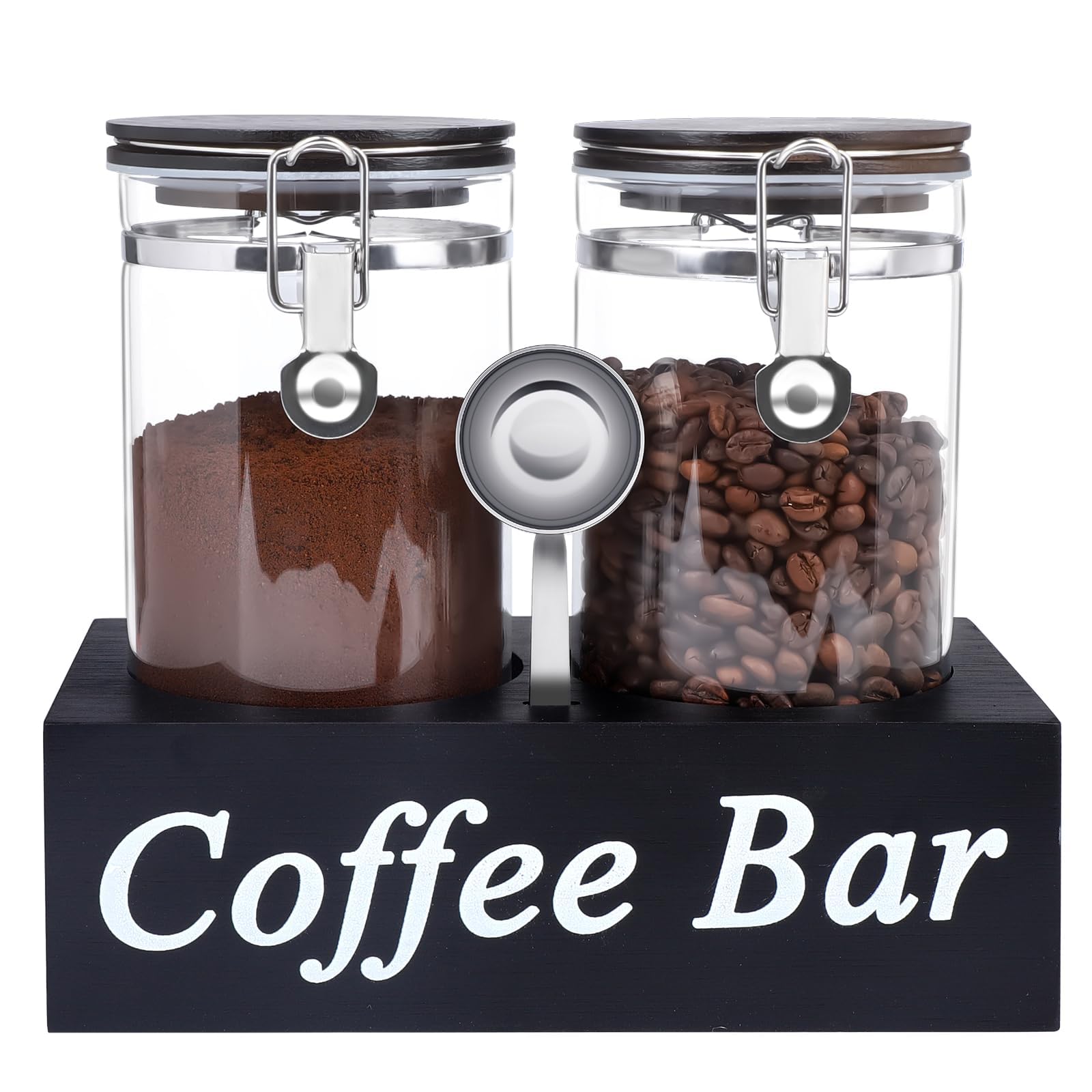 WYTAOHZL 2PCS Glass Coffee Containers with Shelf 54 oz Coffee Station Organizer Glass Bean Storage with Spoon Canister Set Jars with Airtight Locking Clamp for Bean Sugar Nuts