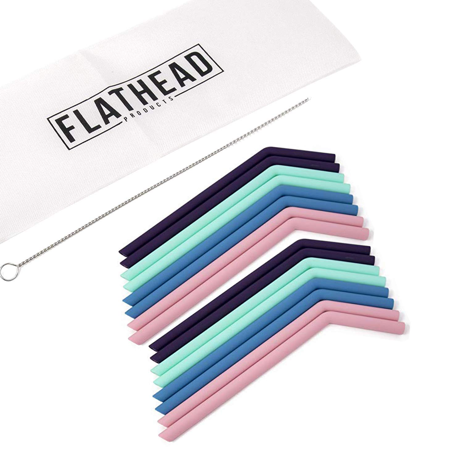 Flathead ProductsLarge Thick Smoothie Reusable Silicone Drinking Straws w/Cleaning Brush - Extra Long Flexible - Yeti/RTIC Tumbler Compatible and BPA Free (Set of 8)