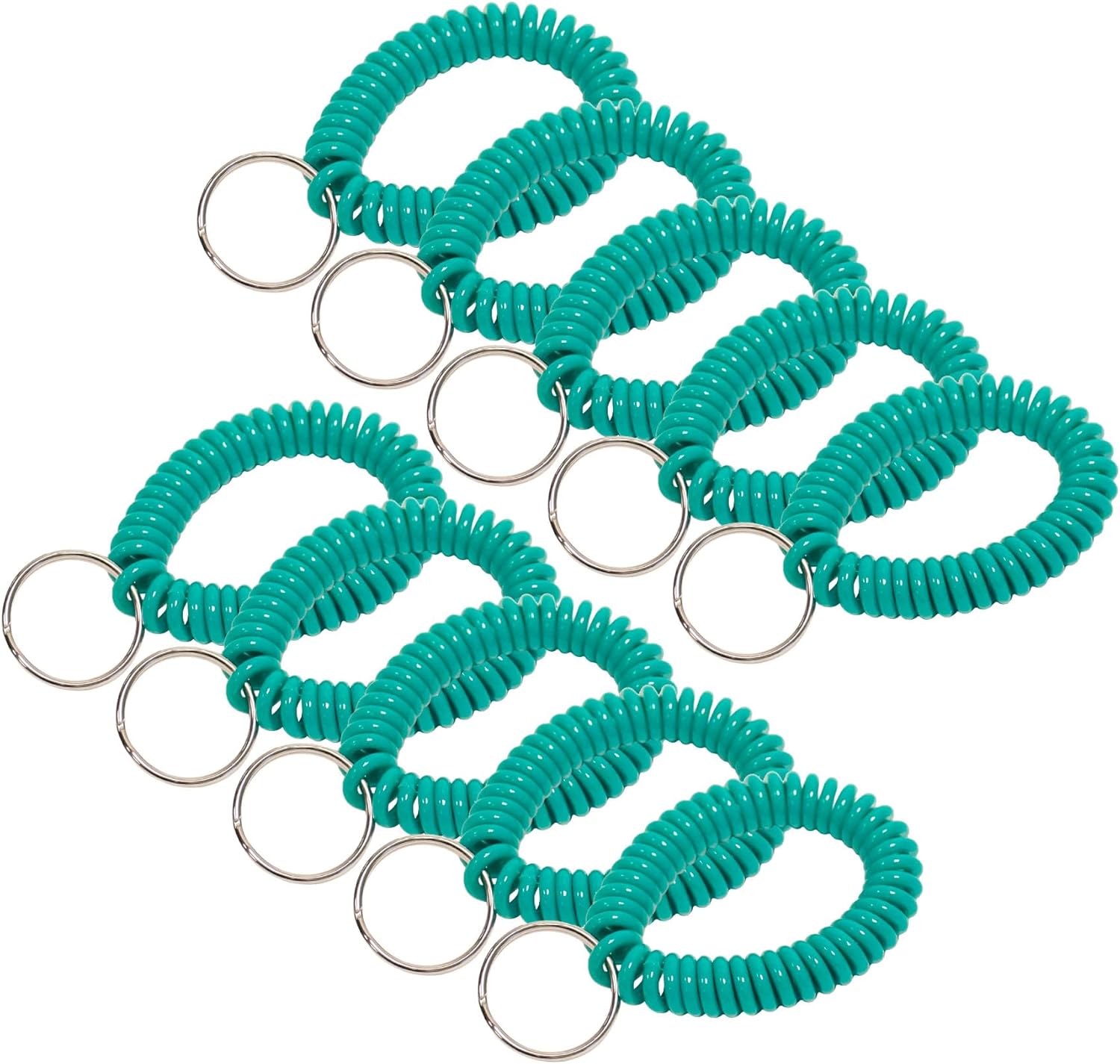 Lucky Line 2” Diameter Spiral Wrist Coil with Steel Key Ring, Flexible Wrist Band Key Chain Bracelet, Stretches to 12”, Teal, 10 Pack (41038)