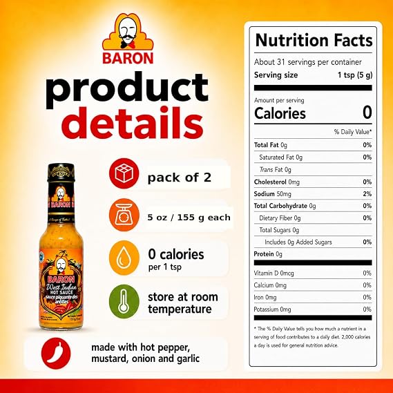 Baron West Indian Hot Sauce, Caribbean Pepper Sauce, 5 oz, Pack of 2