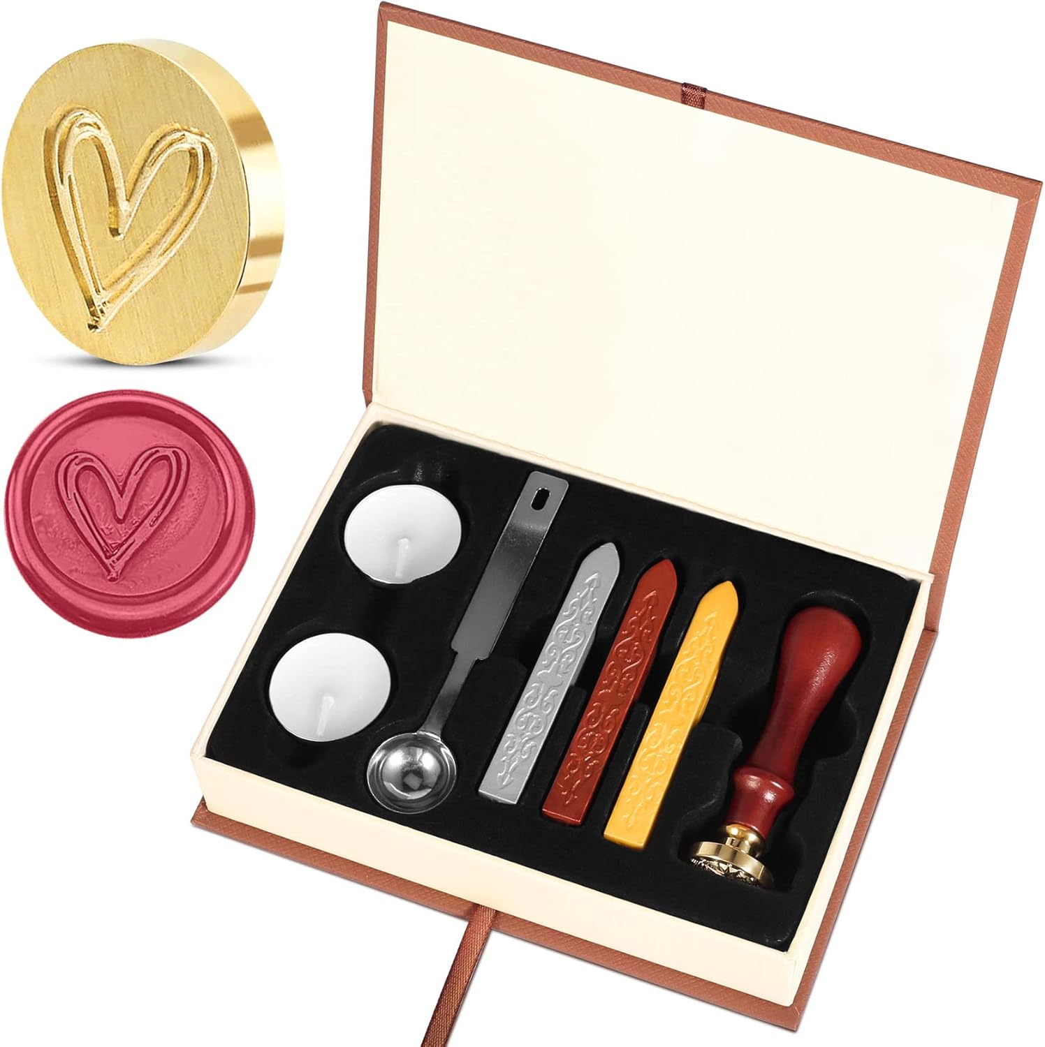 Siegelwachs Set, 3 Stück Siegellack mit Dochten und 1 Wachssiegel Stempel, 1 Holzgriff, 1 ...