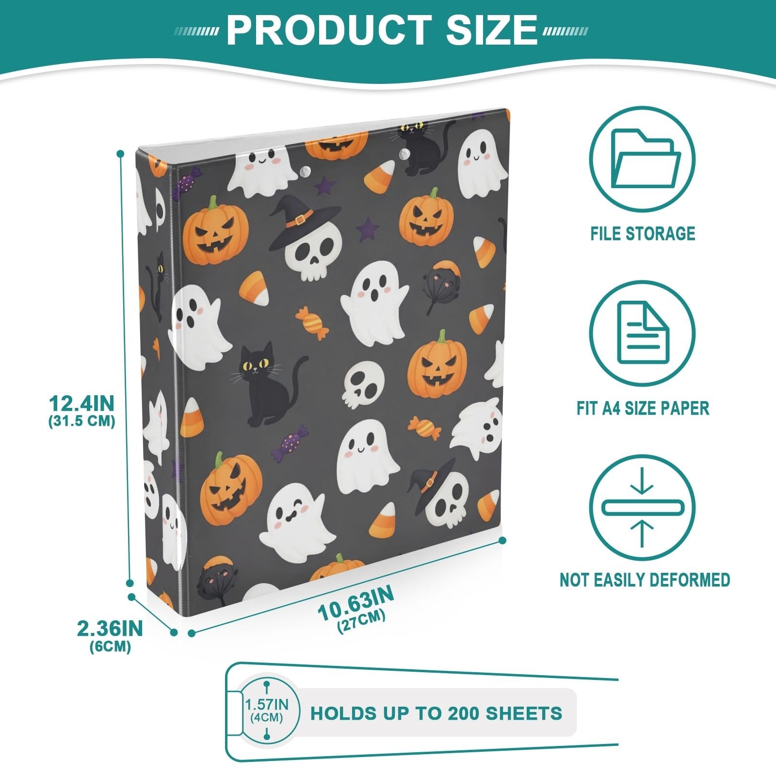 Confezione da 2 raccoglitori ad anelli con stampa di fantasmi di Halloween, con tasche, grandi, per scuola, università, ufficio