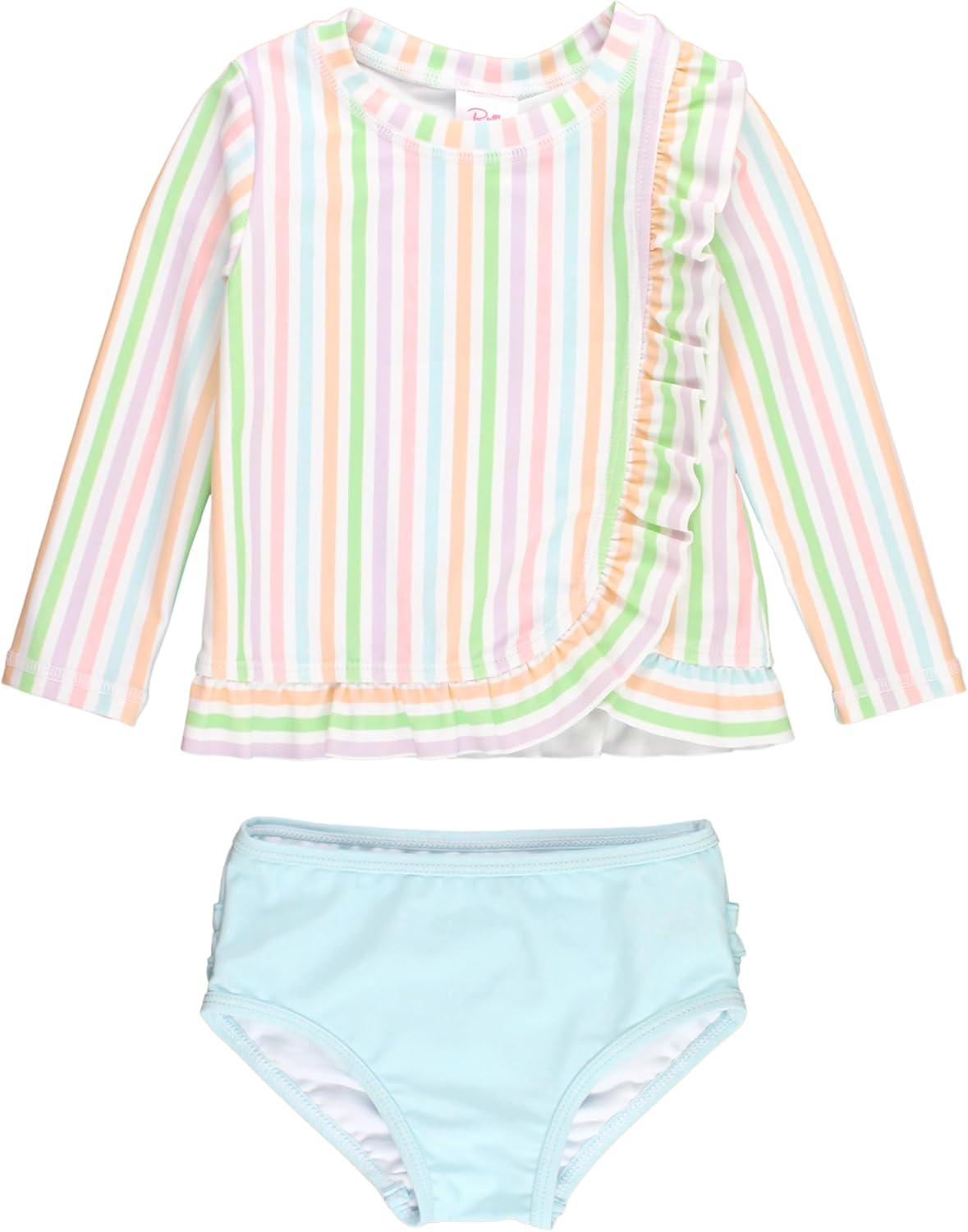 RuffleButts Baby/Toddler Girls Ruffled Long Sleeve Rash Guard 2-Piece UPF50+ Sun Protected Swimsuit