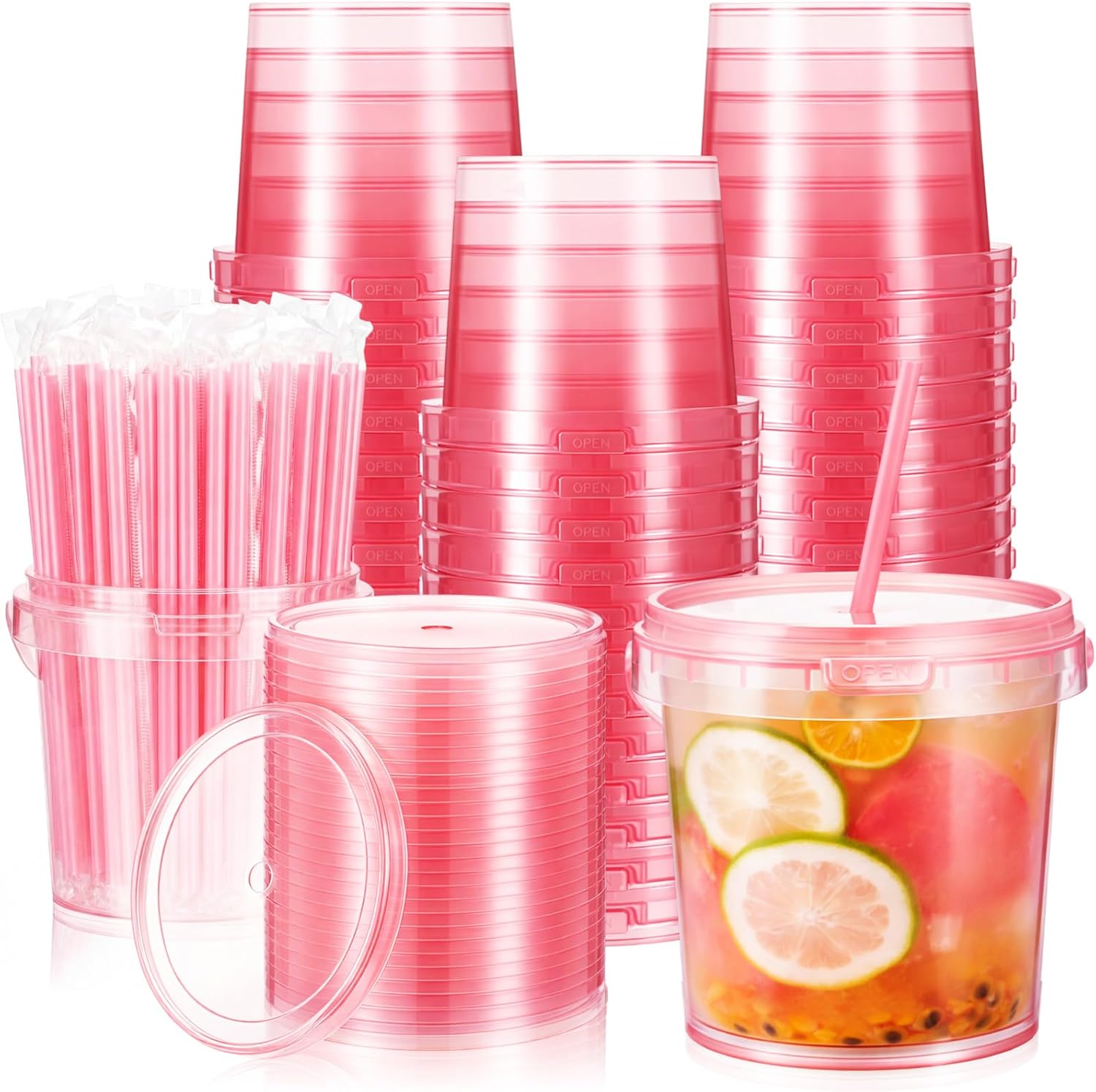 30 Set 34 oz Pink Plastic Drink Buckets with Lids and Straws Disposable Clear Iced Coffee Cups Plastic Bucket Cups for Smoothies Summer Drink Pool Beach Pink Theme Party Supplies