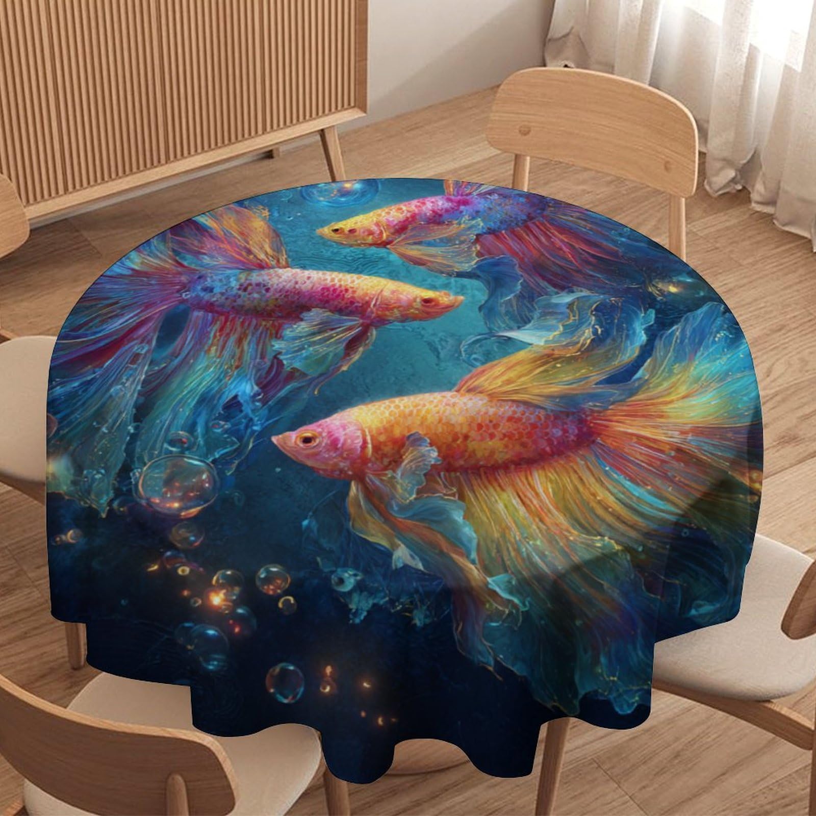 LUYYSKY Vintage Rustic Colorful Fish Round Tablecloth Modern Art Autumn Underwater Landscape Animal Fish Washable Decor for Table Cover for Kitchen-91.4" Wx91.4 L cm