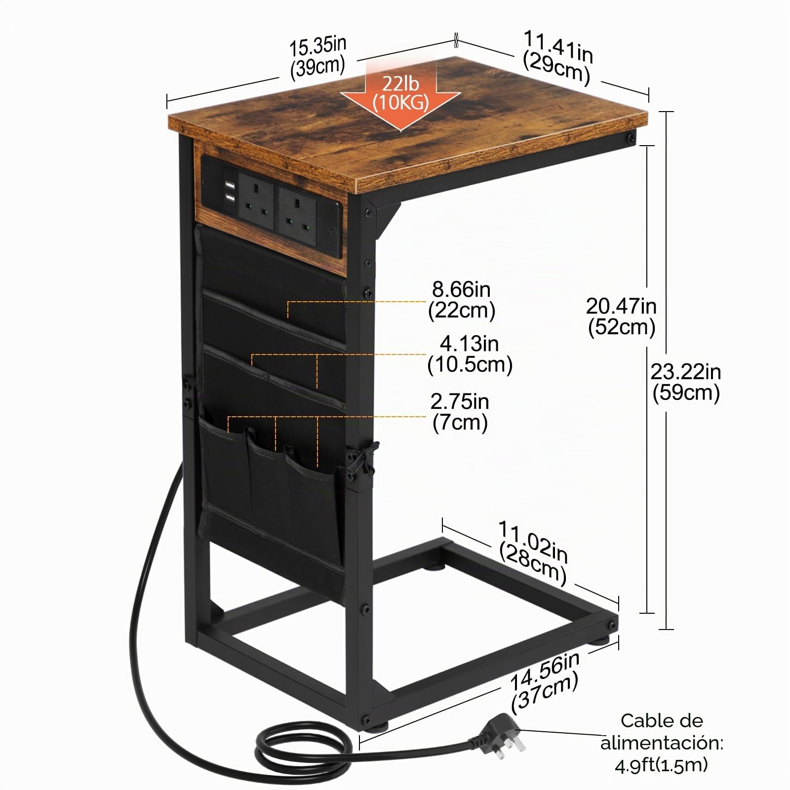 AMHANCIBLE Mesa auxiliar en forma de C, mesita de noche con estación de carga, 2 salidas USB y CA, mesa auxiliar con bolsa de almacenamiento de tela, mesa de sofá para espacios pequeños, mesa de café