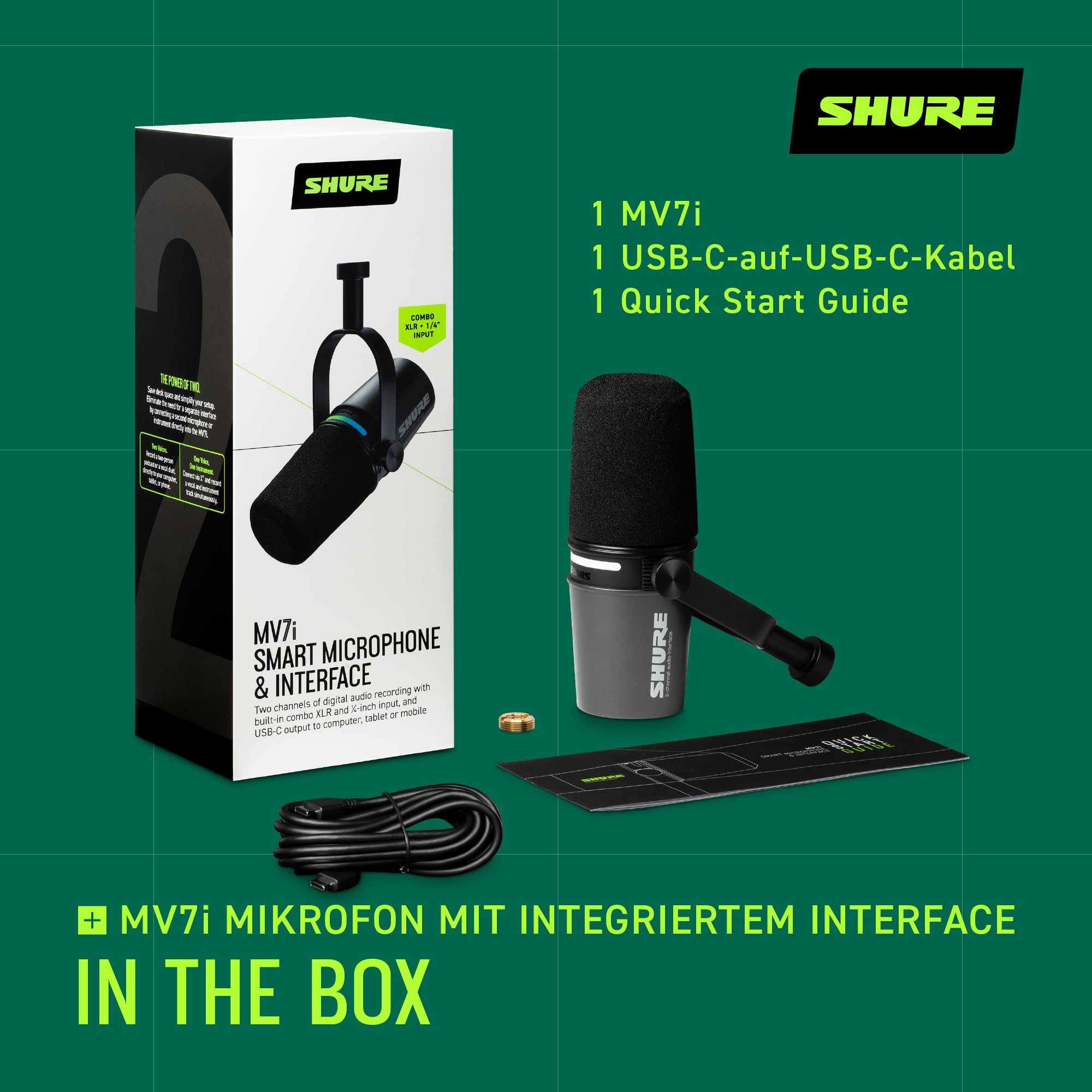 Shure MV7i Smart Podcast- und Mikronfon + integriertes Audio-Interface – Ausrüstungsbündel mit 2 Kanälen für Dual-XLR-Mikrofone oder Mikrofon + XLR-Instrumente - Direkte USB-C-Verbindung zu PC/Telefon