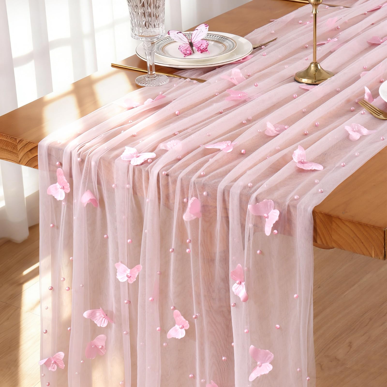 MEIVINES Pink Butterfly Lace Table Runner 75x300 cm Pearl Table Runner