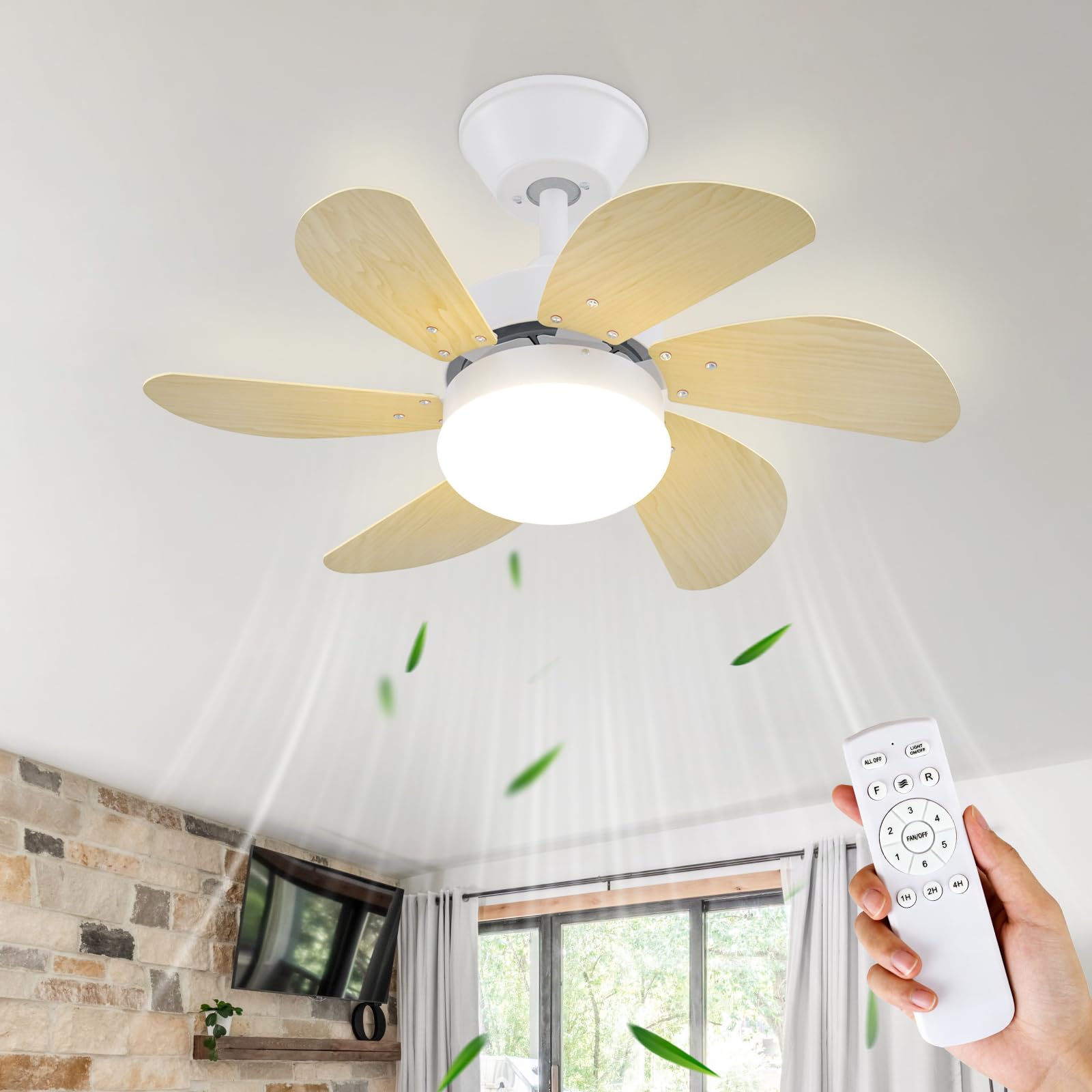 Homefire Ventilador de techo silencioso luz - Lámpara de sala de estar | Ø75 cm con aspecto de madera - Bombilla E27 - Ideal para verano/invierno para dormitorio, comedor o mesa