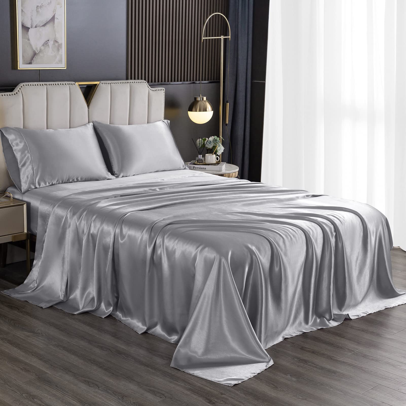 HENGWEITEXT Satin Sheet Set, 4 Piece King Size, Deep Pocket, Luxurious and Cooling, Wrinkle Free, Easy Care, Silver Gray