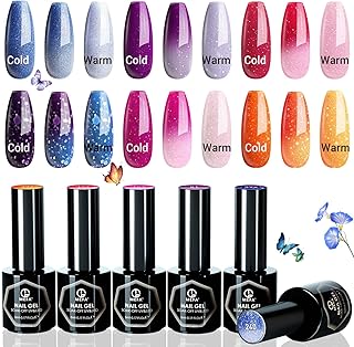 MEFA Color Changing Gel Nail Polish Set, Temperature Mood Changing Pink Blue Orange Purple with Glitter Ombre Nail Art, So...