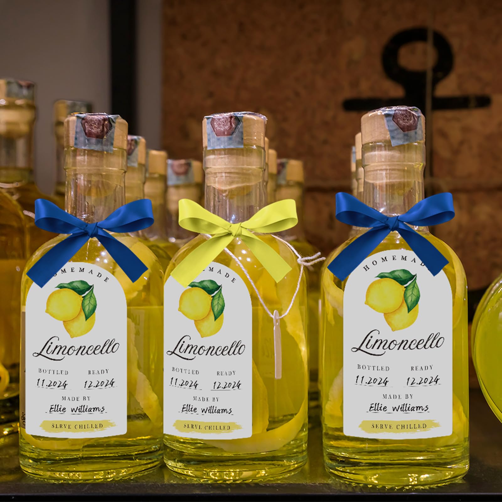 Feifeiya 24 Pcs Limoncello Labels 2 x 3 Inches Limoncello Bottle Labels Christmas Homemade Limoncello Stickers with Ribbon for 4 oz or 8 oz Limoncello Bottles for Xmas Gifts Small Business Supplies