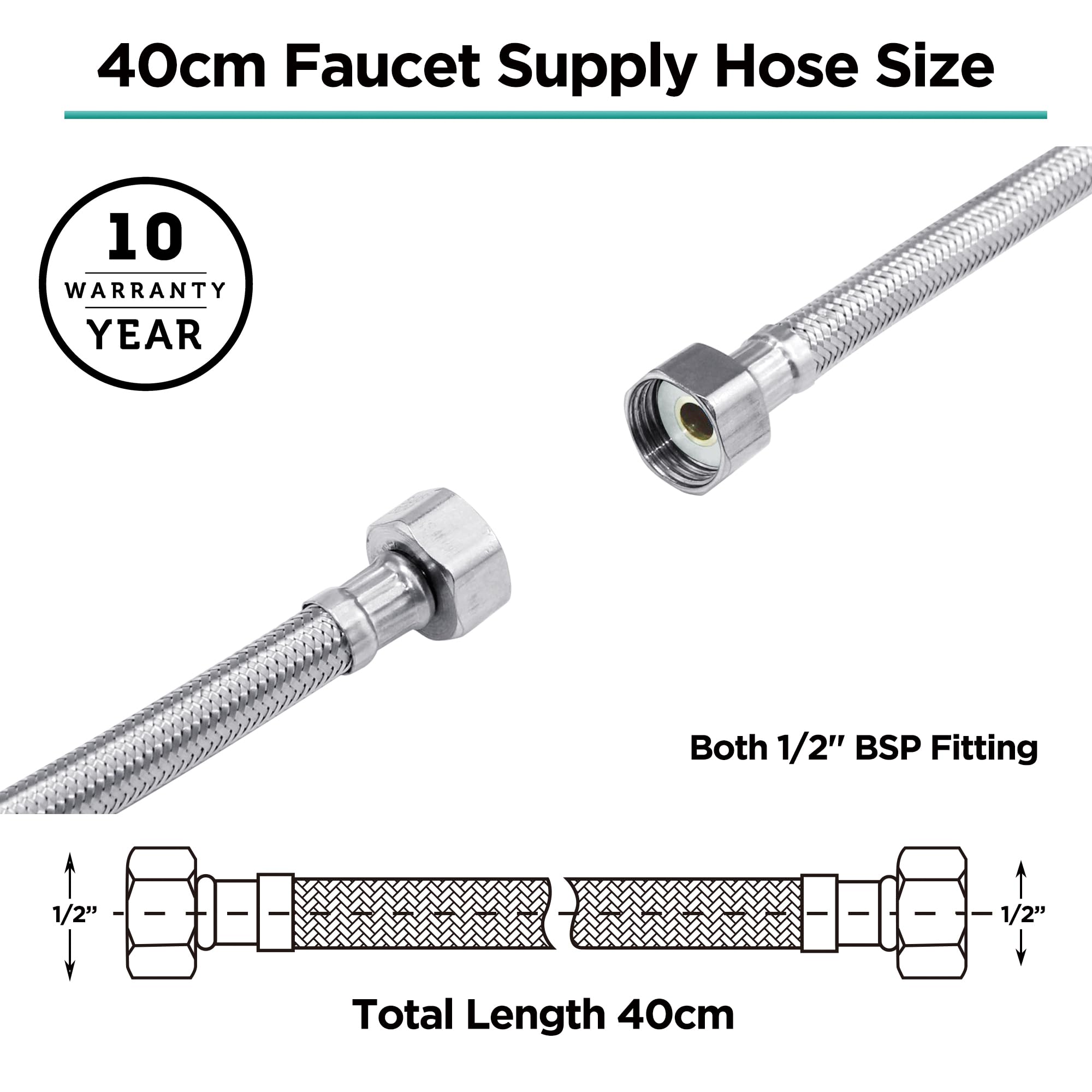 Pack of 2 Flexible Pipe Contectors Stainless Steel Braided Hose 1/2" x 1/2" BSP Fitting 40cm Long Flexible Hose Pipes Tail DIY Repalcement for Bathroom/Kitchen/Boiler Toilet - Image 2