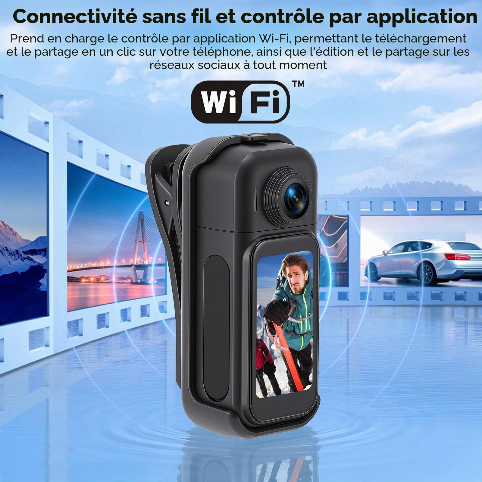 Mini caméra d'action Wi-Fi 1080p, 360° 64 Go, caméra d'action sport HD avec objectif rotatif à 180°, écran tactile, POV mains libres, caméra sous-marine étanche jusqu'à 30 m, caméra pour casque de