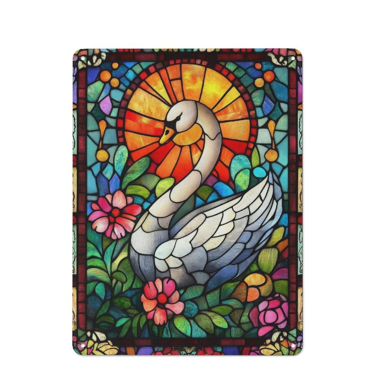 Junmoney Stained Glass Swan Retro Metal Sign 40X30cm Featuring For Living Room Wall, For Vintage Wall Decor Fans, For Themed Room Decoration