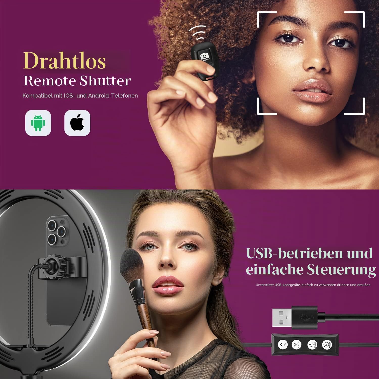 UPhitnis 12 Zoll Ringlicht mit Stativ Handy, Ringlicht mit 63 Zoll Stativ Selfie Ringleuchte mit 3 Farbe und 10 Helligkeitsstufen für Make-up,Live-Streaming,YouTube, Tiktok, Vlog und Fotografie