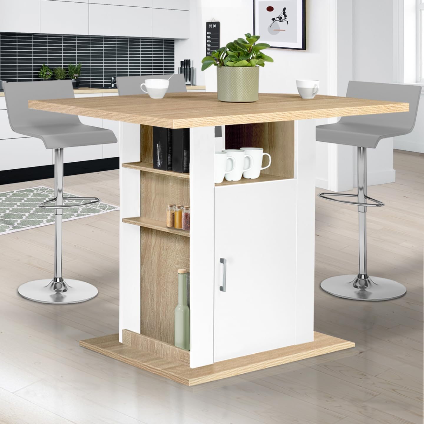 IDMarket - Ilot central UGO 110 cm bois blanc et imitation hêtre avec rangements